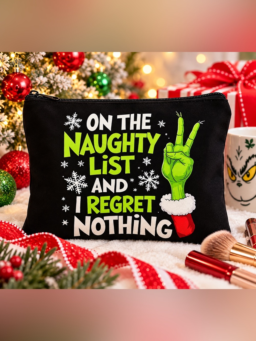 Black Christmas “On the Naughty List” Grinch Coin Cosmetic Makeup Pouch